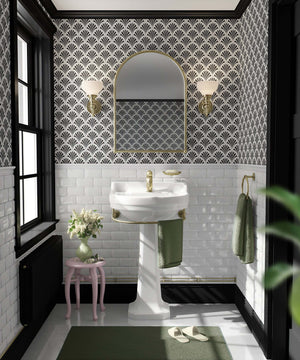 Art Deco Fan Garden wallpaper in a bathroom with geometric fan pattern, black and white color scheme, enhancing vintage elegance.