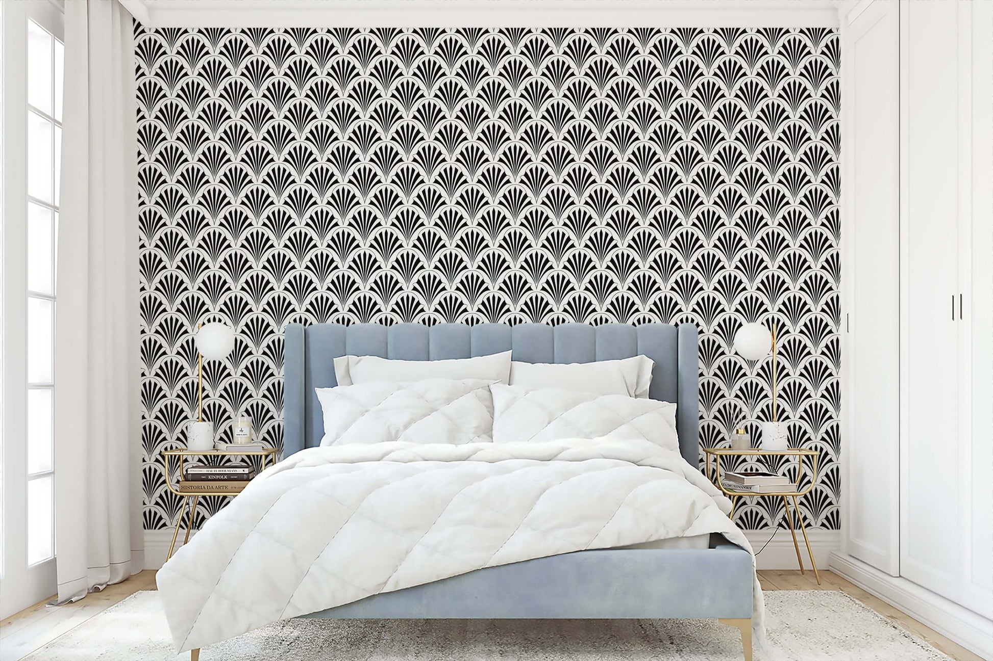 Art Deco Fan Garden wallpaper with black geometric fan patterns on white backdrop, enhancing bedroom elegance and vintage charm.