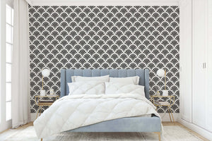 Art Deco Fan Garden wallpaper with black geometric fan patterns on white backdrop, enhancing bedroom elegance and vintage charm.