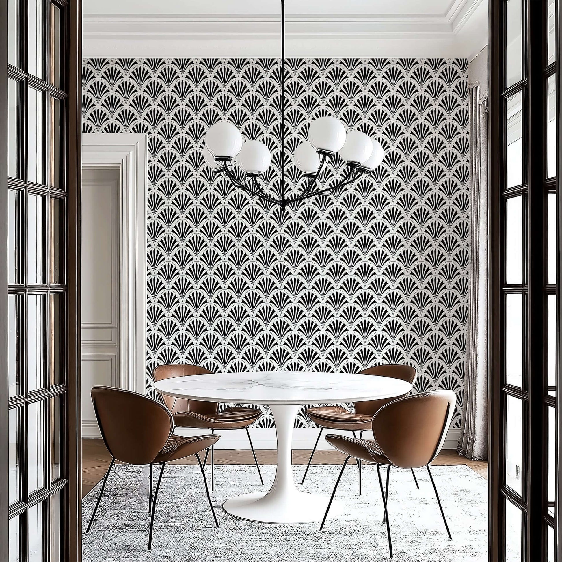 Art Deco fan garden wallpaper in a dining room, showcasing bold black and white geometric patterns with fan motifs.