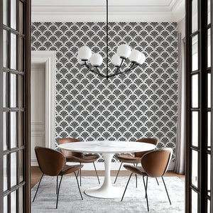 Art Deco fan garden wallpaper in a dining room, showcasing bold black and white geometric patterns with fan motifs.