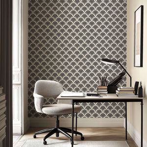 Art Deco Fan Garden wallpaper with black geometric fan pattern on a white background, adding vintage elegance to a modern office space.
