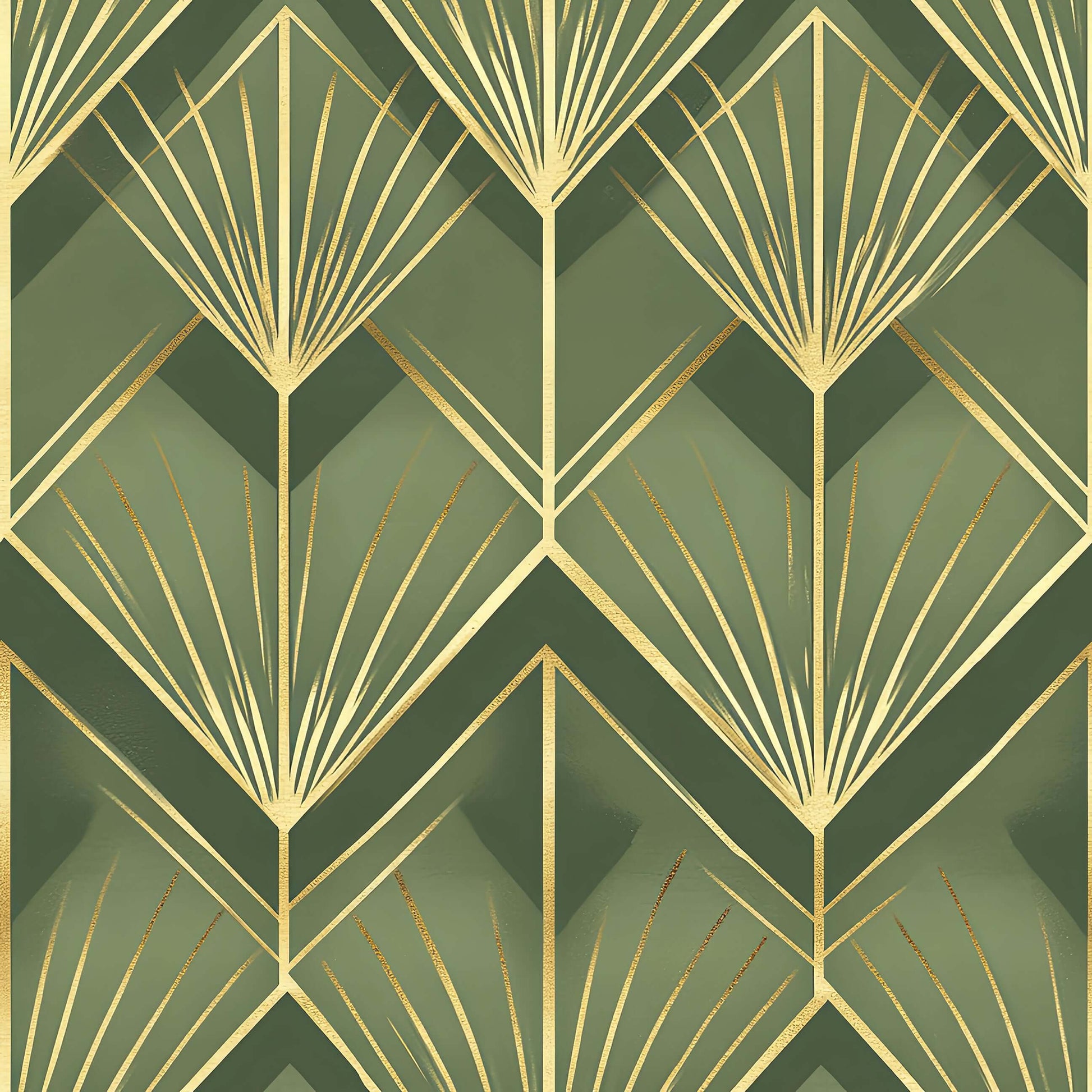 Art Deco vintage design wallpaper with emerald green and gold palm patterns, ideal for statement walls in living and dining rooms.