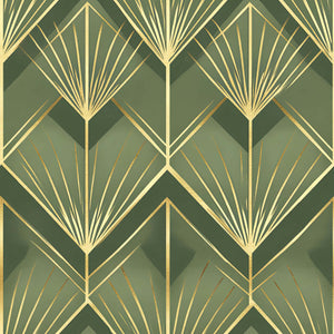 Art Deco vintage design wallpaper with emerald green and gold palm patterns, ideal for statement walls in living and dining rooms.