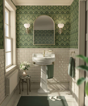 Bathroom featuring Emerald Luxe Palm Deco wallpaper with art deco palm design in emerald green and gold accents.