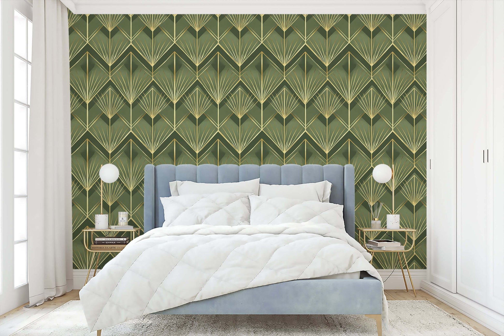 Art Deco wallpaper with emerald green and gold palm design in elegant bedroom, featuring vintage luxury decor.
