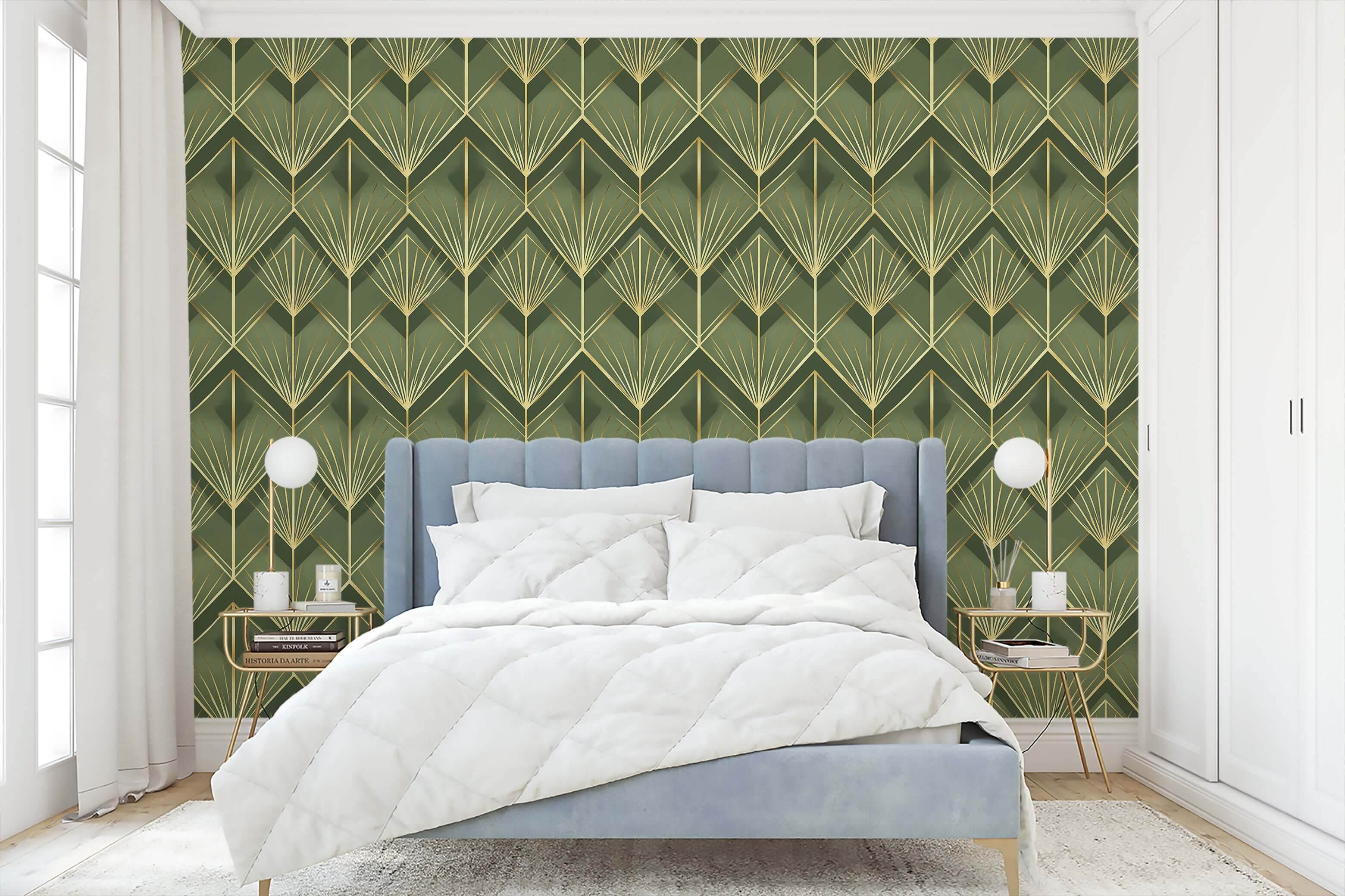 Art Deco wallpaper with emerald green and gold palm design in elegant bedroom, featuring vintage luxury decor.