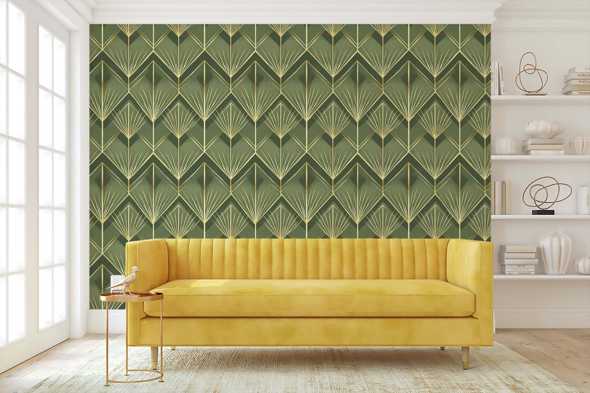 Emerald Luxe Palm Deco Wallpaper with Art Deco design in green and gold, perfect for vintage-inspired statement walls.