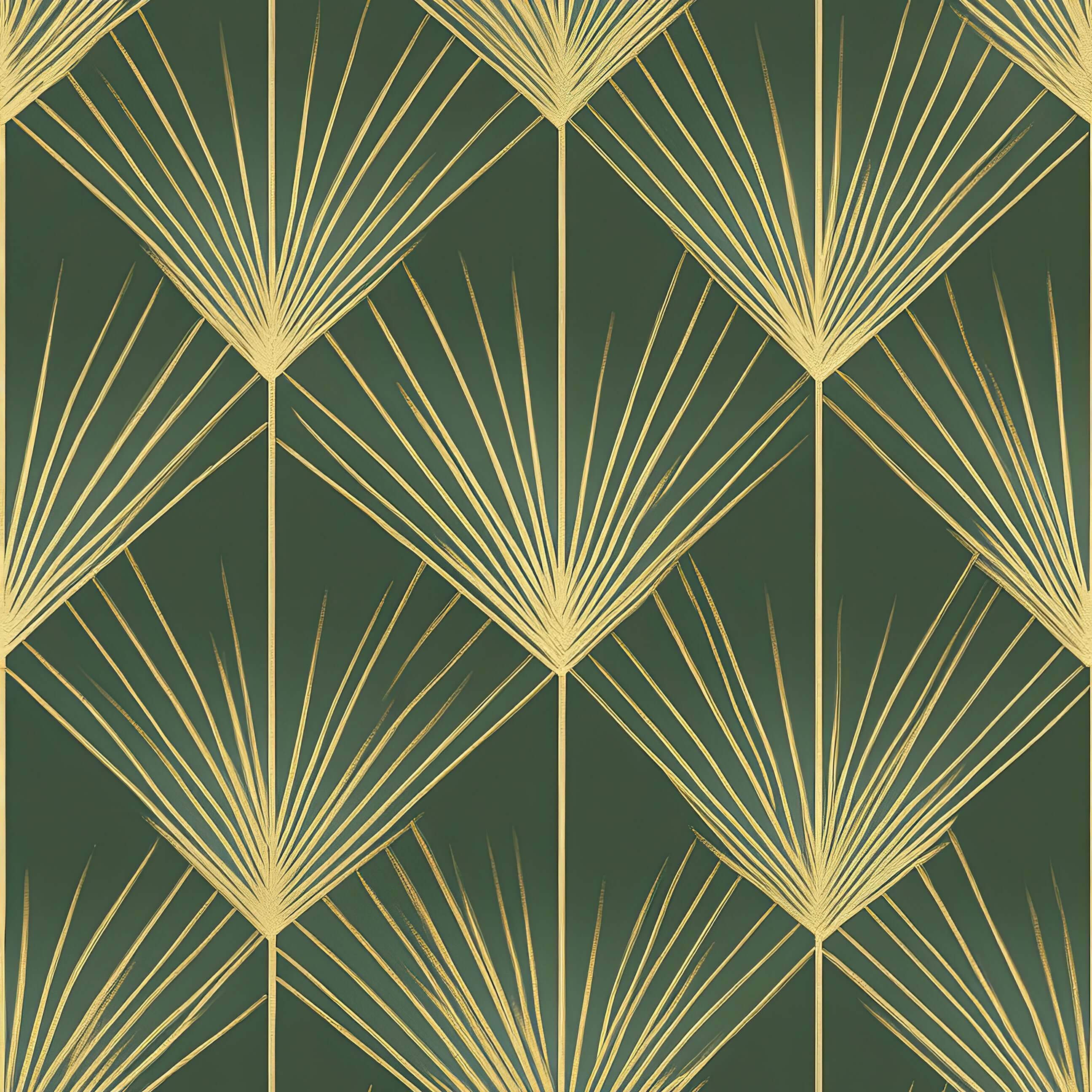 Art Deco vintage design wallpaper featuring gold fan palm fronds on emerald green background, ideal for accent walls and home decor.
