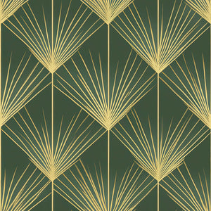 Art Deco vintage design wallpaper featuring gold fan palm fronds on emerald green background, ideal for accent walls and home decor.