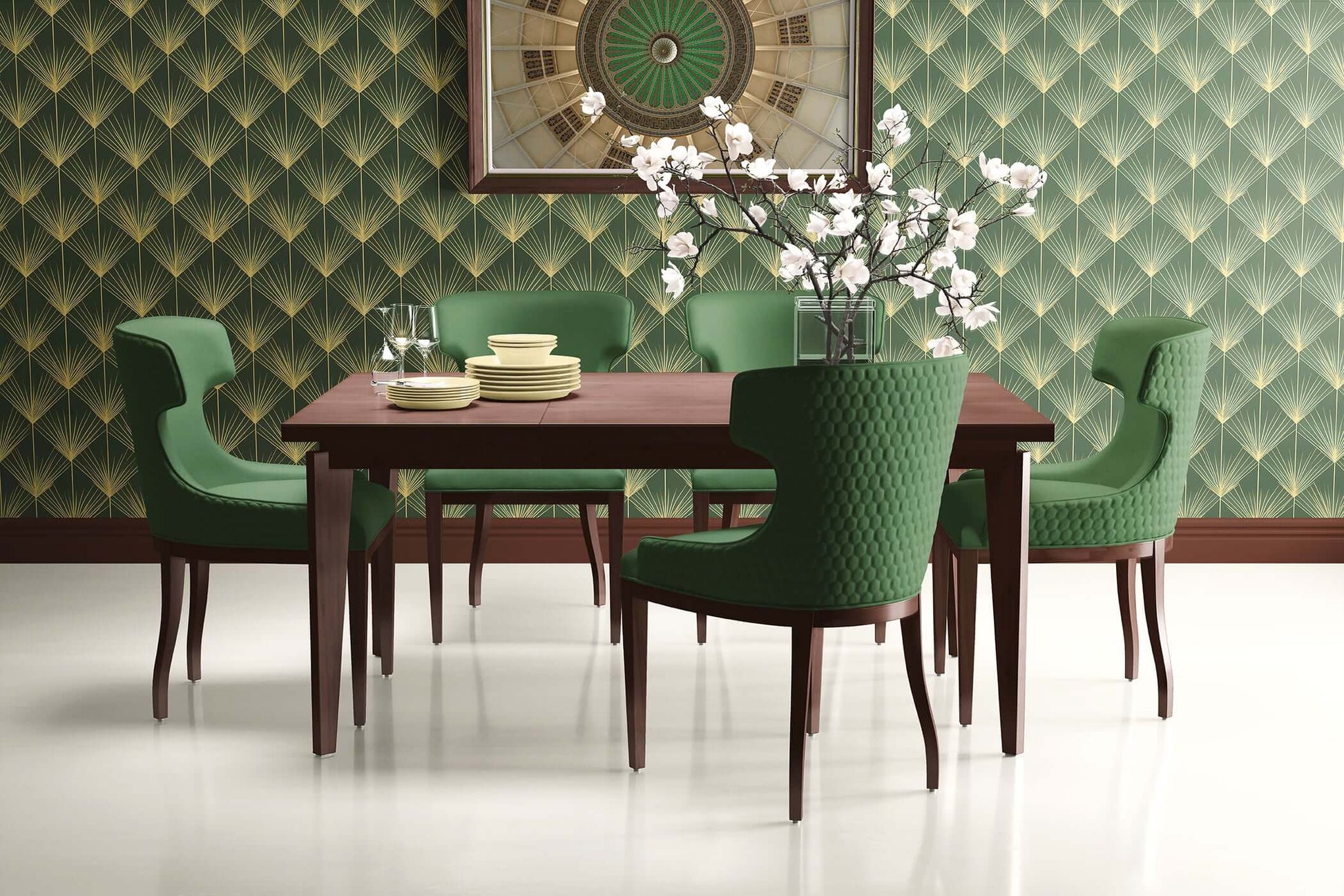 Art Deco dining room featuring Jazz Age Emerald Palm wallpaper, with green chairs and a wooden table, showcasing vintage design elegance.