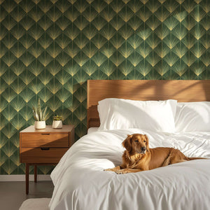 Bedroom with Jazz Age Emerald Palm Art Deco wallpaper and a cozy dog on the bed, showcasing vintage design and wallpaper elegance.