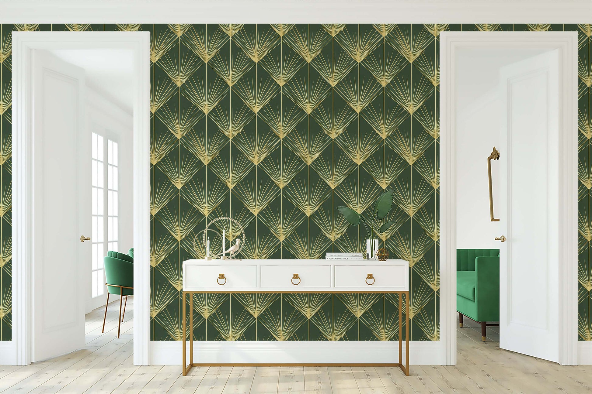 Emerald palm Art Deco wallpaper with gold fronds in a modern room, highlighting 1920s vintage design and geometric elegance.