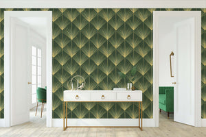 Emerald palm Art Deco wallpaper with gold fronds in a modern room, highlighting 1920s vintage design and geometric elegance.