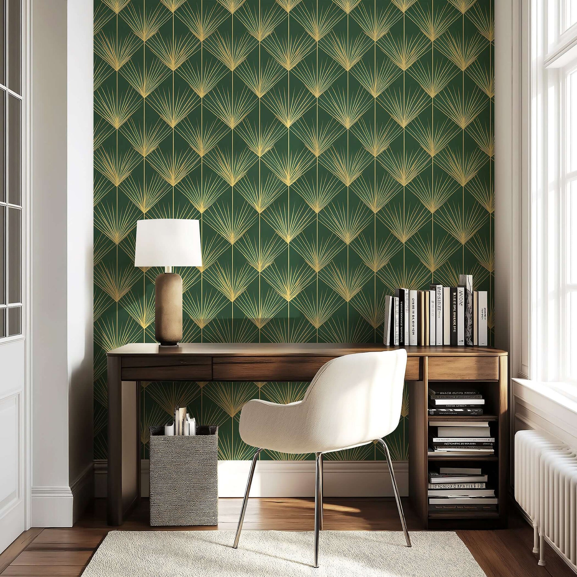 Art Deco vintage design wallpaper with emerald and gold palm motifs in a stylish home office, exuding 1920s glamour.