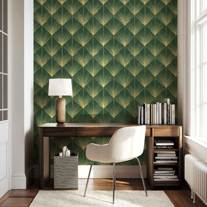 Art Deco vintage design wallpaper with emerald and gold palm motifs in a stylish home office, exuding 1920s glamour.