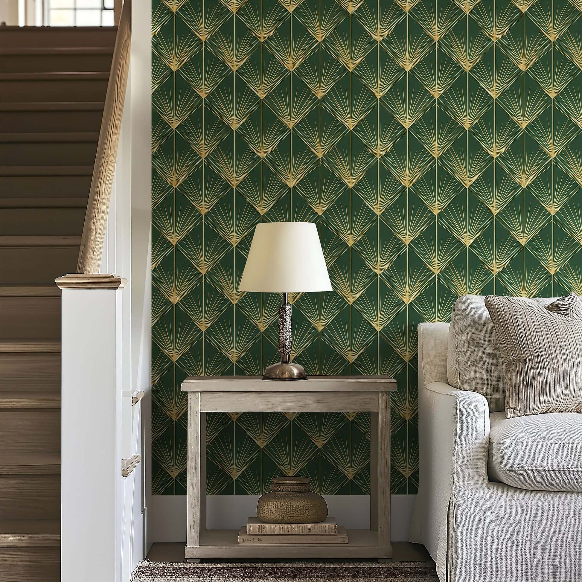 Art Deco vintage design wallpaper with emerald green and gold palm fronds adding 1920s glamour to a stylish living area.