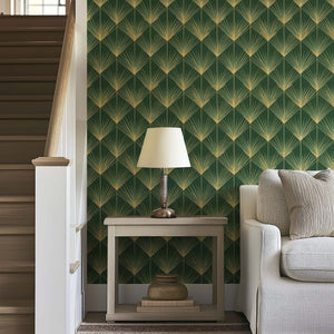 Art Deco vintage design wallpaper with emerald green and gold palm fronds adding 1920s glamour to a stylish living area.