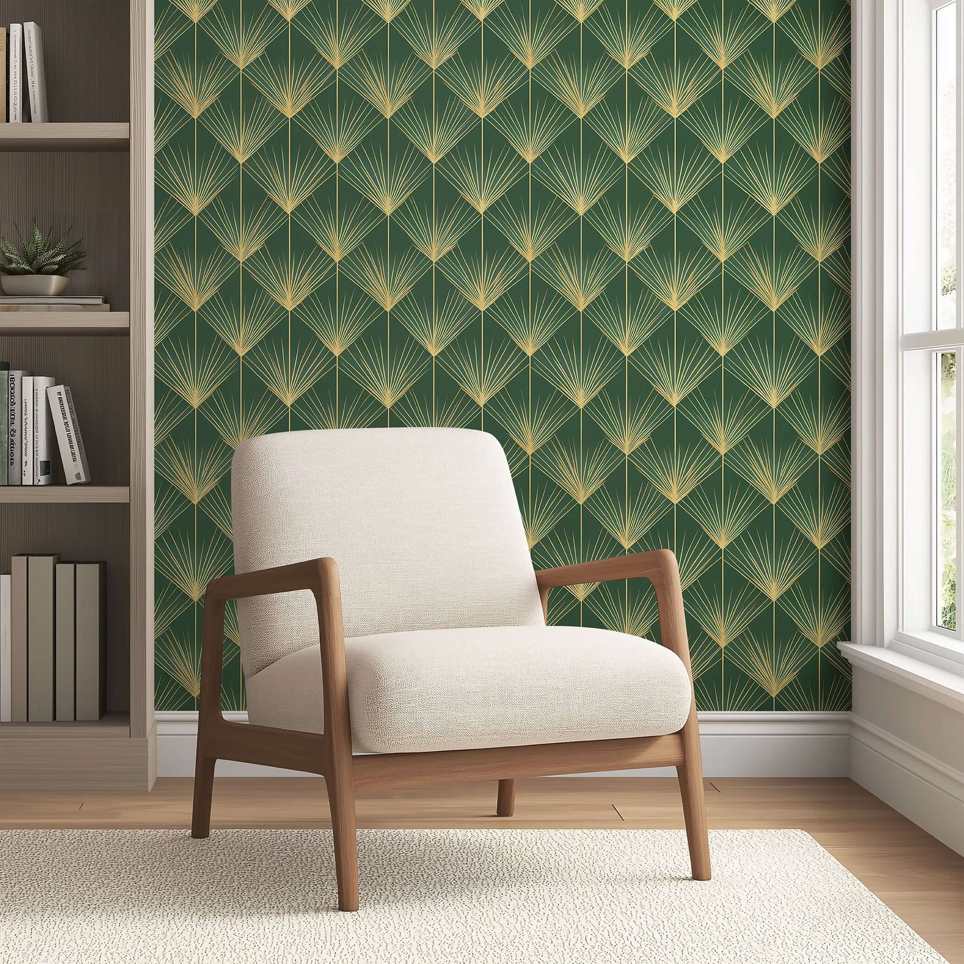 Art Deco Jazz Age Emerald Palm wallpaper with gold fan palm fronds, featuring a vintage design accenting a modern room with chair.