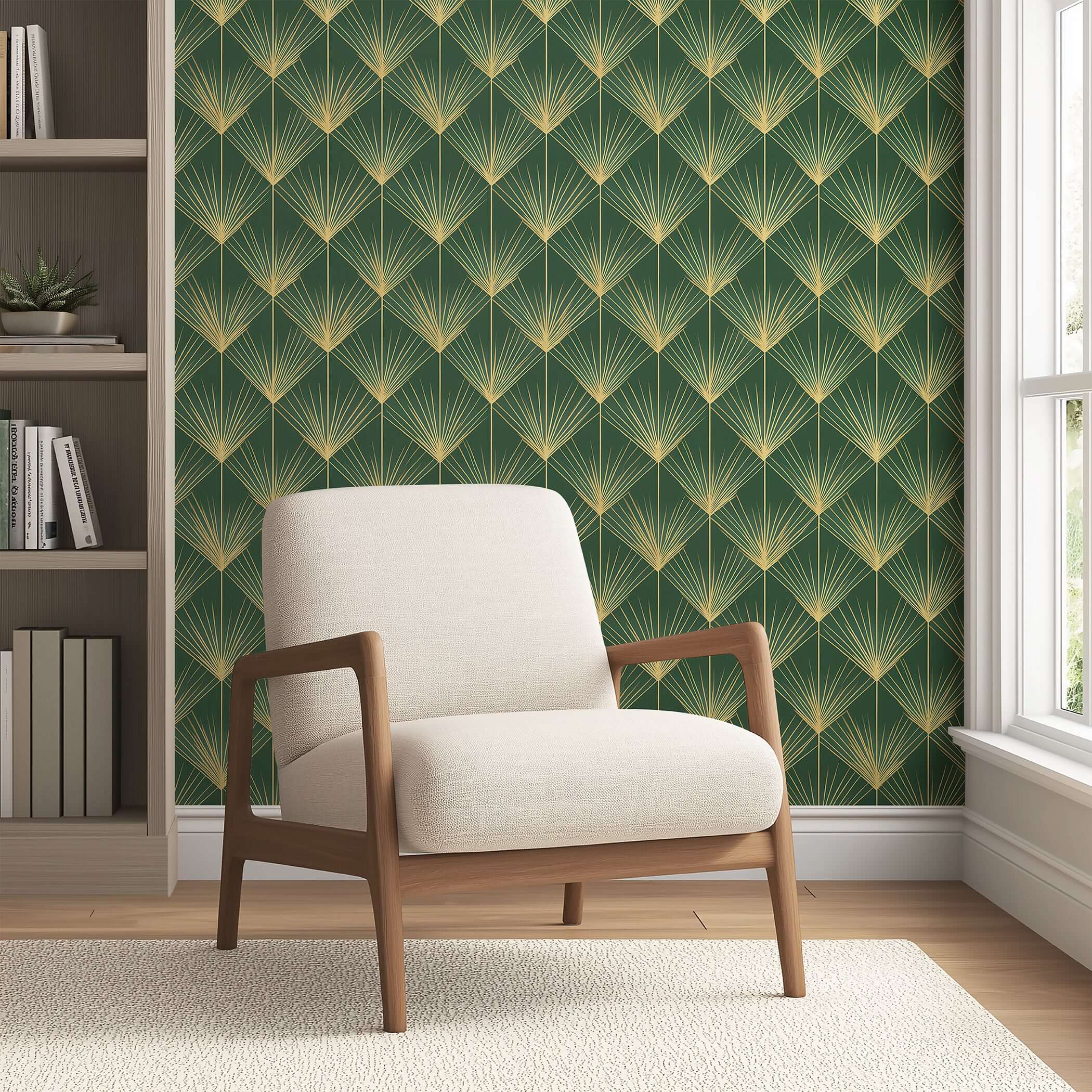 Art Deco Jazz Age Emerald Palm wallpaper with gold fan palm fronds, featuring a vintage design accenting a modern room with chair.