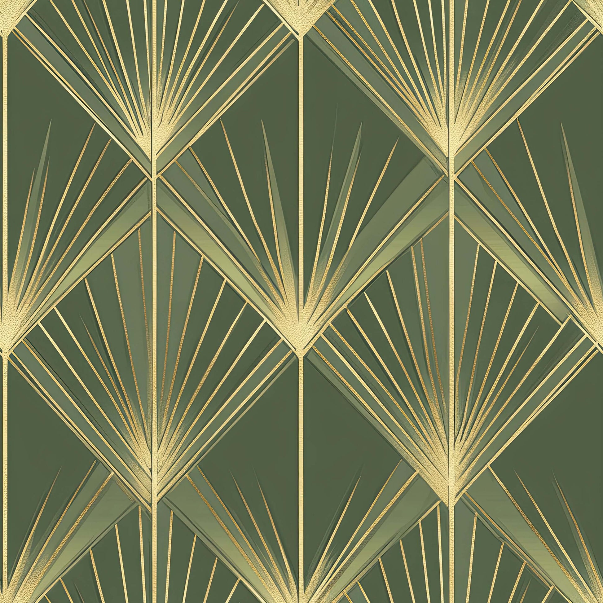 Art Deco Gatsby Green Glamour wallpaper with gold palm motifs on emerald background, featuring vintage design and geometric patterns.