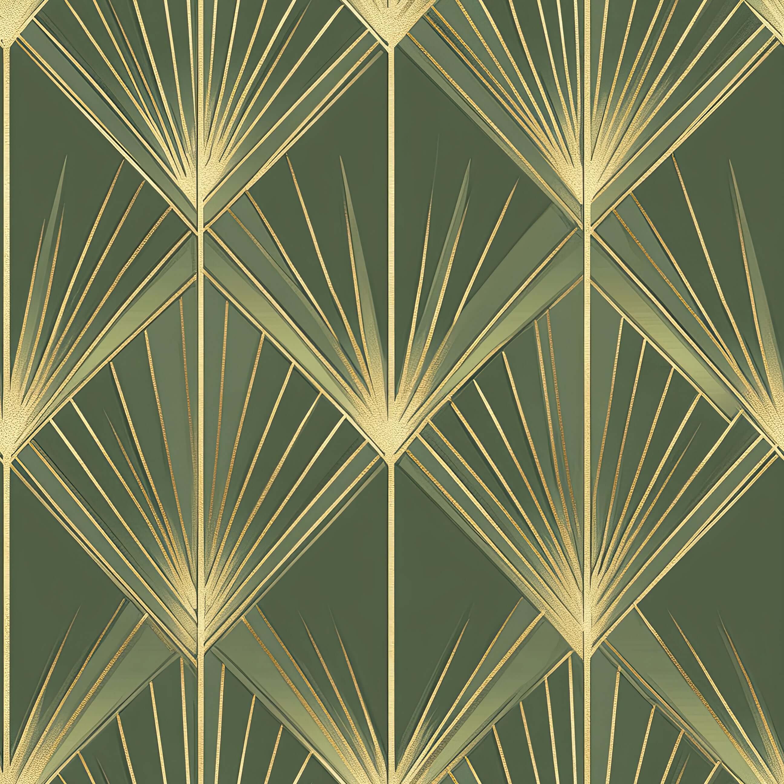 Art Deco Gatsby Green Glamour wallpaper with gold palm motifs on emerald background, featuring vintage design and geometric patterns.
