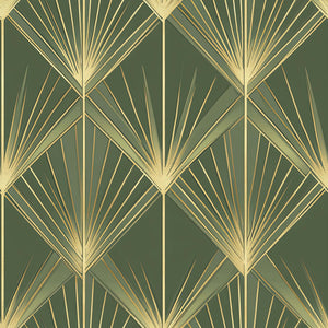 Art Deco Gatsby Green Glamour wallpaper with gold palm motifs on emerald background, featuring vintage design and geometric patterns.