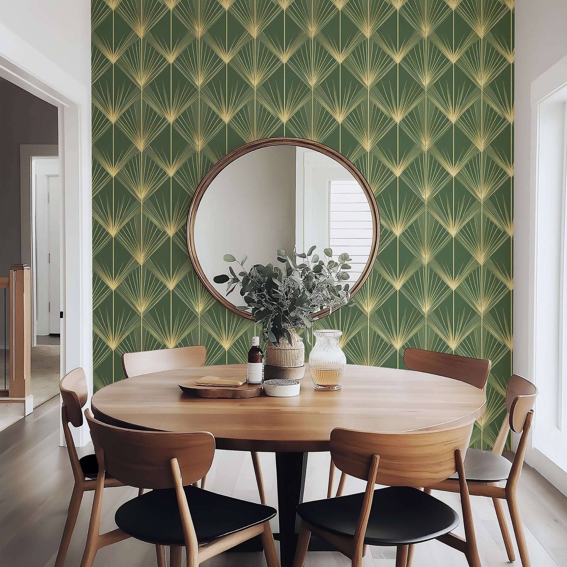 Gatsby Green Glamour Wallpaper with gold palm motifs and geometric Art Deco design, perfect for vintage and luxurious interiors.