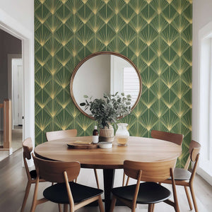 Gatsby Green Glamour Wallpaper with gold palm motifs and geometric Art Deco design, perfect for vintage and luxurious interiors.