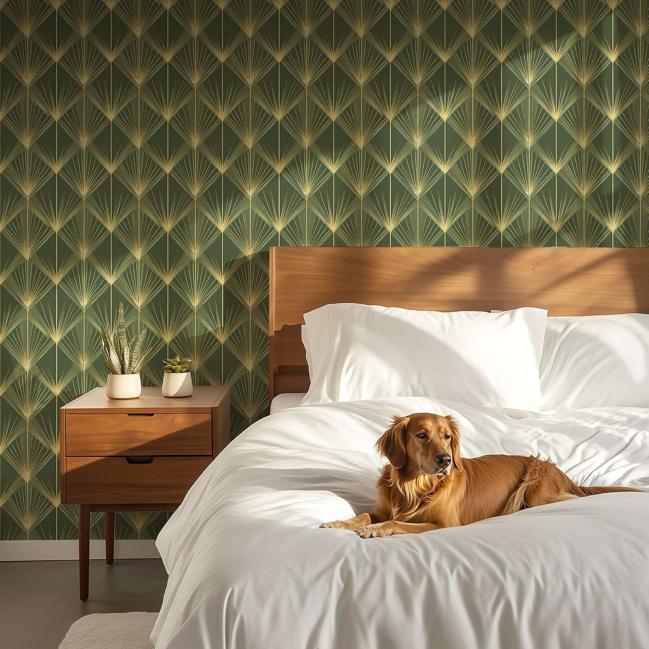 Luxurious bedroom with Gatsby Green Glamour wallpaper featuring Art Deco patterns, white bedding, and a dog resting on the bed.