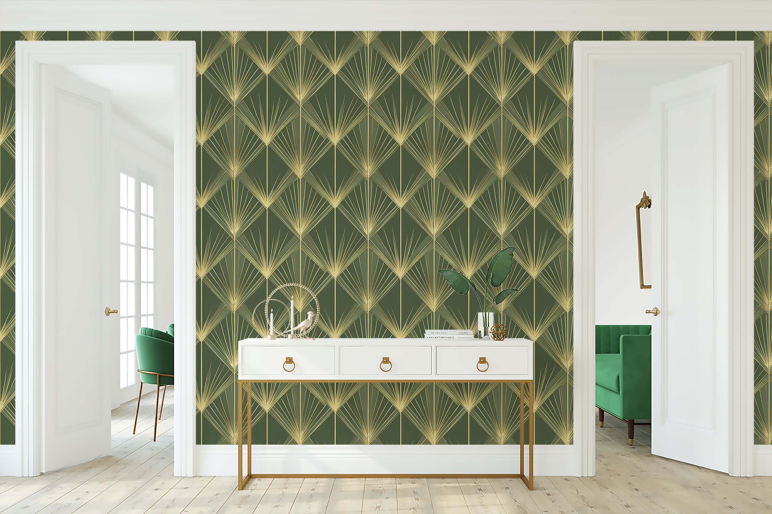 Gatsby Green Glamour wallpaper with Art Deco gold palm motifs on emerald green. Vintage design ideal for accent walls and luxurious living.