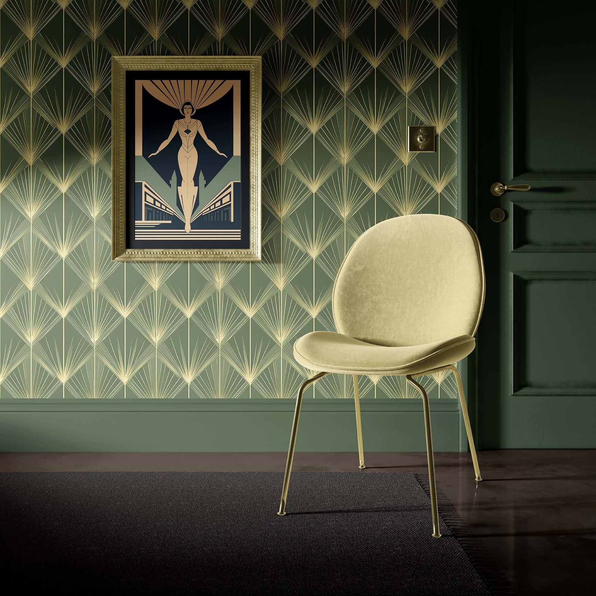 Art Deco vintage wallpaper with geometric patterns and gold palm motifs on emerald green, complementing a chic chair and framed art.