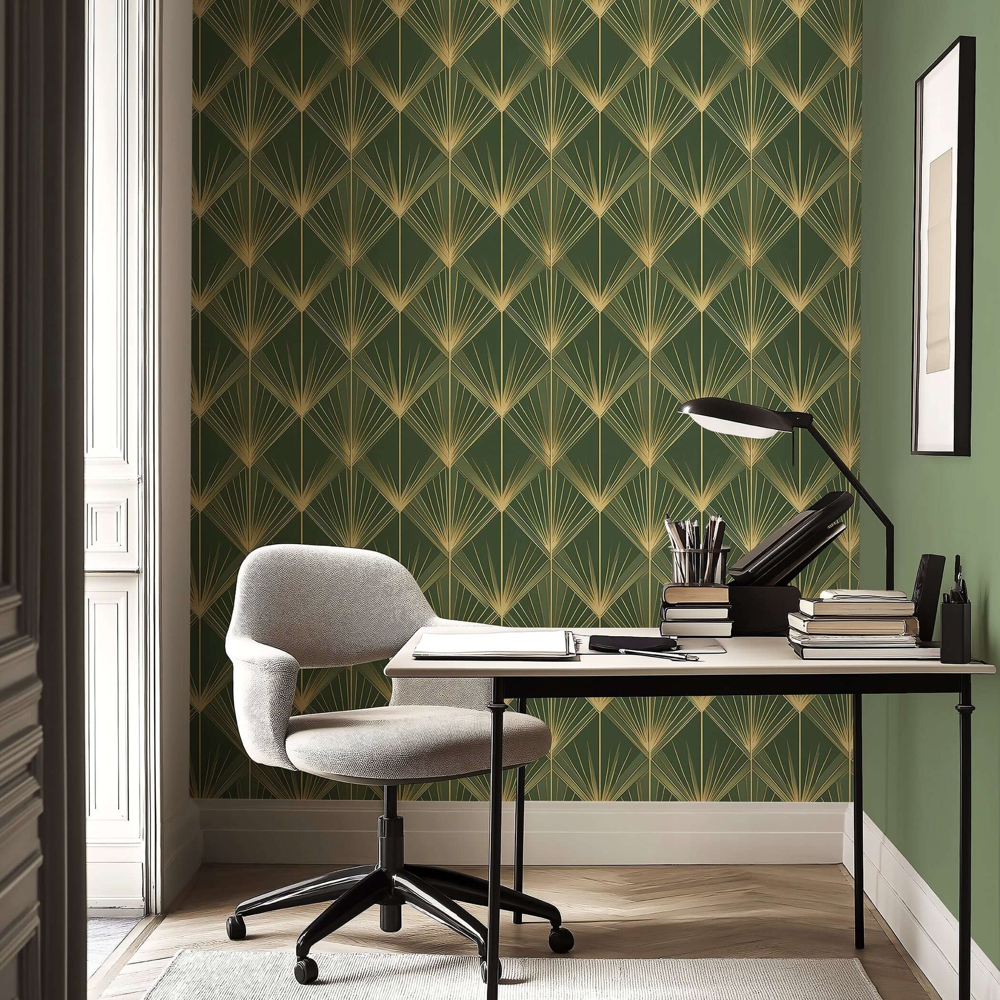 Art Deco vintage design wallpaper featuring gold palm motifs on emerald green, perfect for luxurious and elegant accent walls.