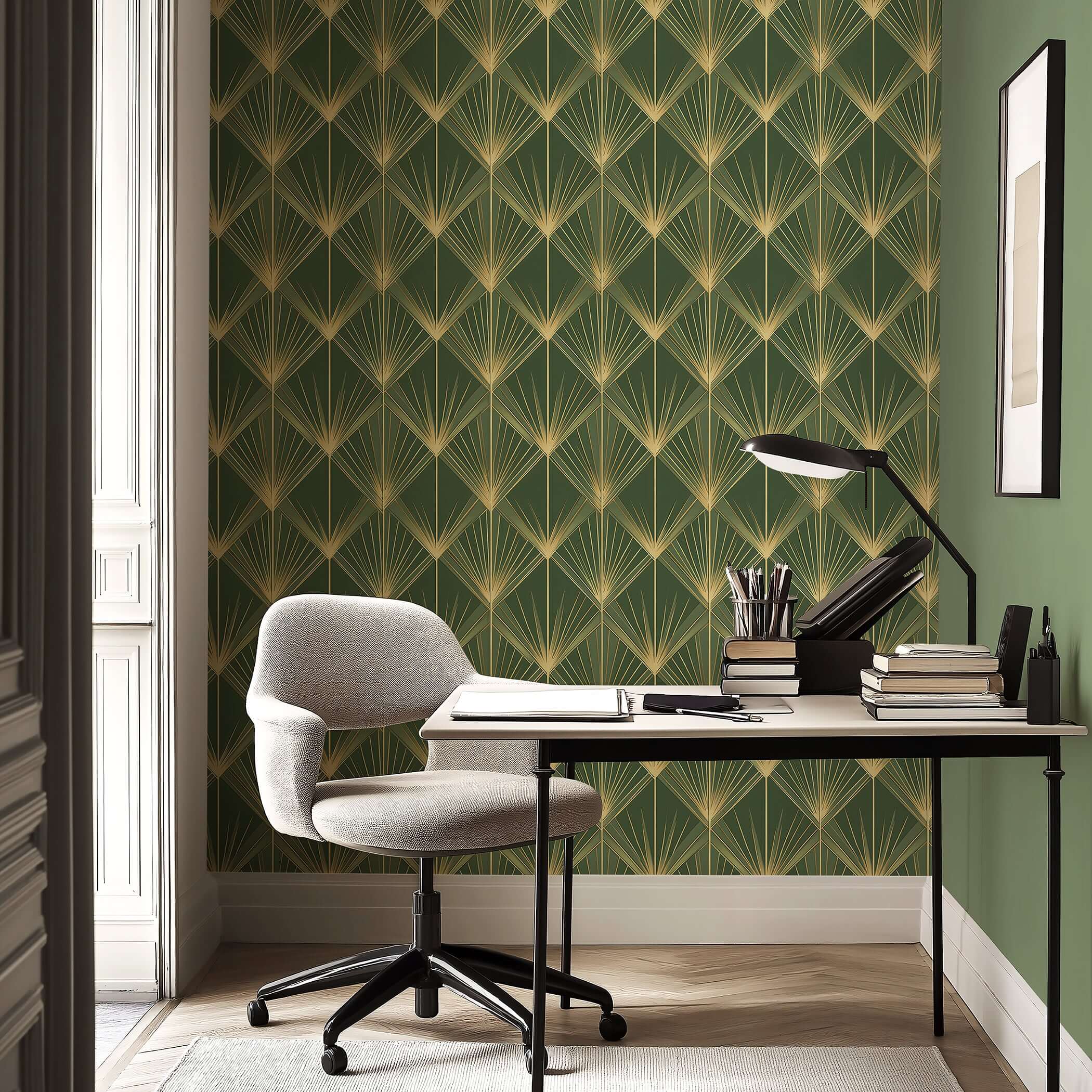 Art Deco vintage design wallpaper featuring gold palm motifs on emerald green, perfect for luxurious and elegant accent walls.