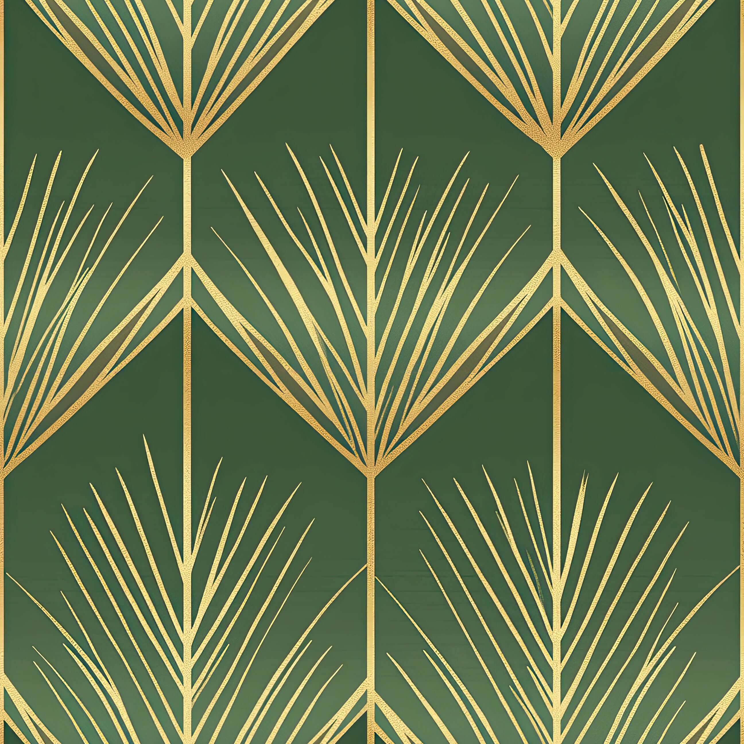 Luxurious Golden Fronds Art Deco wallpaper featuring elegant gold palm fronds on green, perfect for vintage and geometric design lovers.
