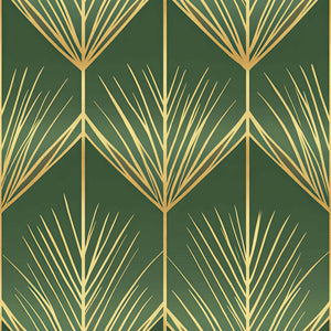 Luxurious Golden Fronds Art Deco wallpaper featuring elegant gold palm fronds on green, perfect for vintage and geometric design lovers.