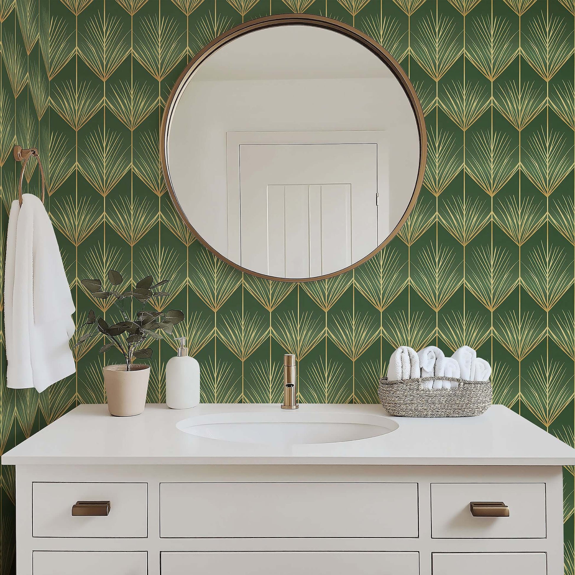 Luxurious Art Deco "Golden Fronds" wallpaper with gold palm fronds on green, perfect for vintage-inspired décor in bathrooms and living spaces.