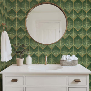 Luxurious Art Deco "Golden Fronds" wallpaper with gold palm fronds on green, perfect for vintage-inspired décor in bathrooms and living spaces.