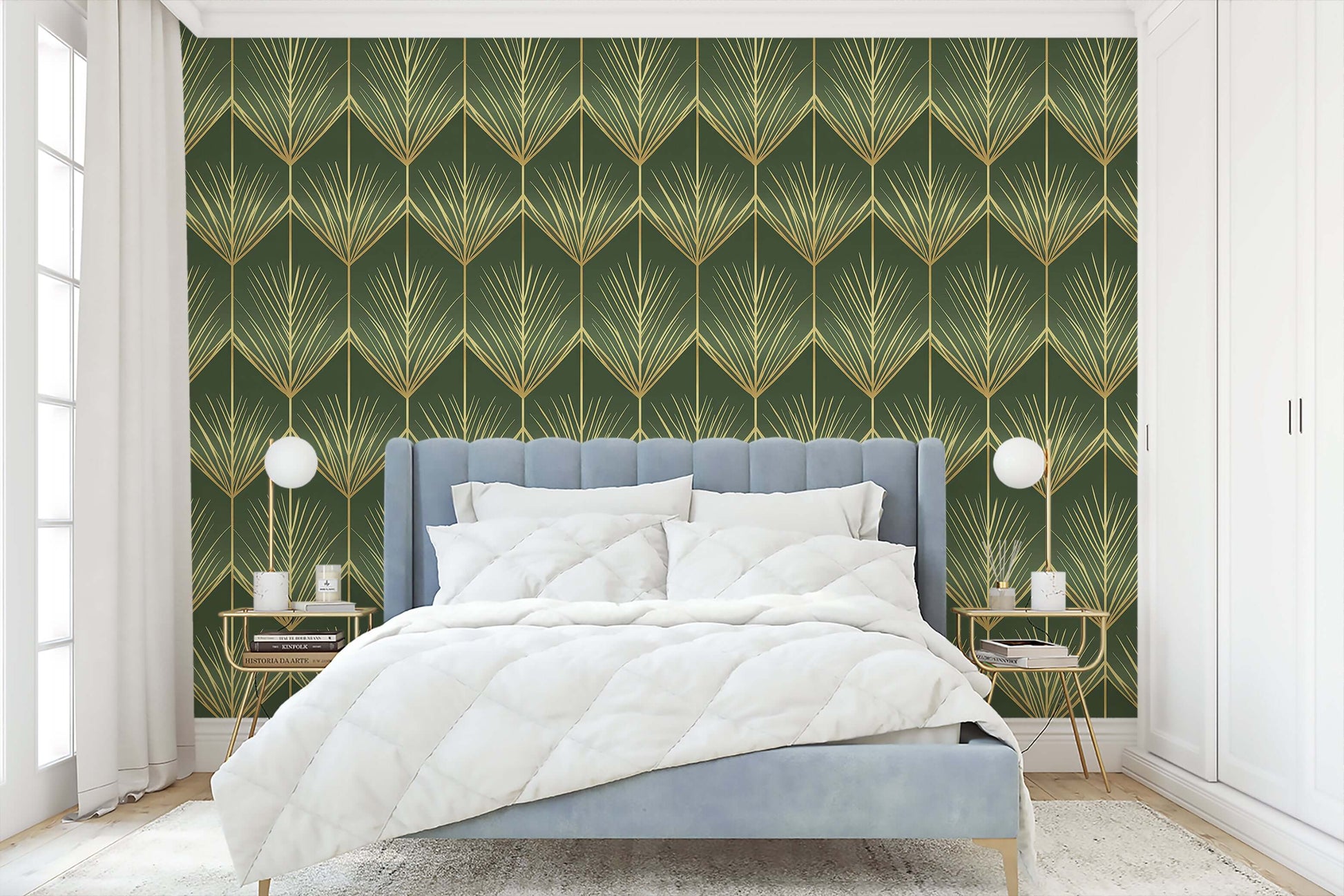 Luxurious bedroom with Golden Fronds Art Deco wallpaper featuring gold palm fronds, showcasing vintage design and tropical elegance.