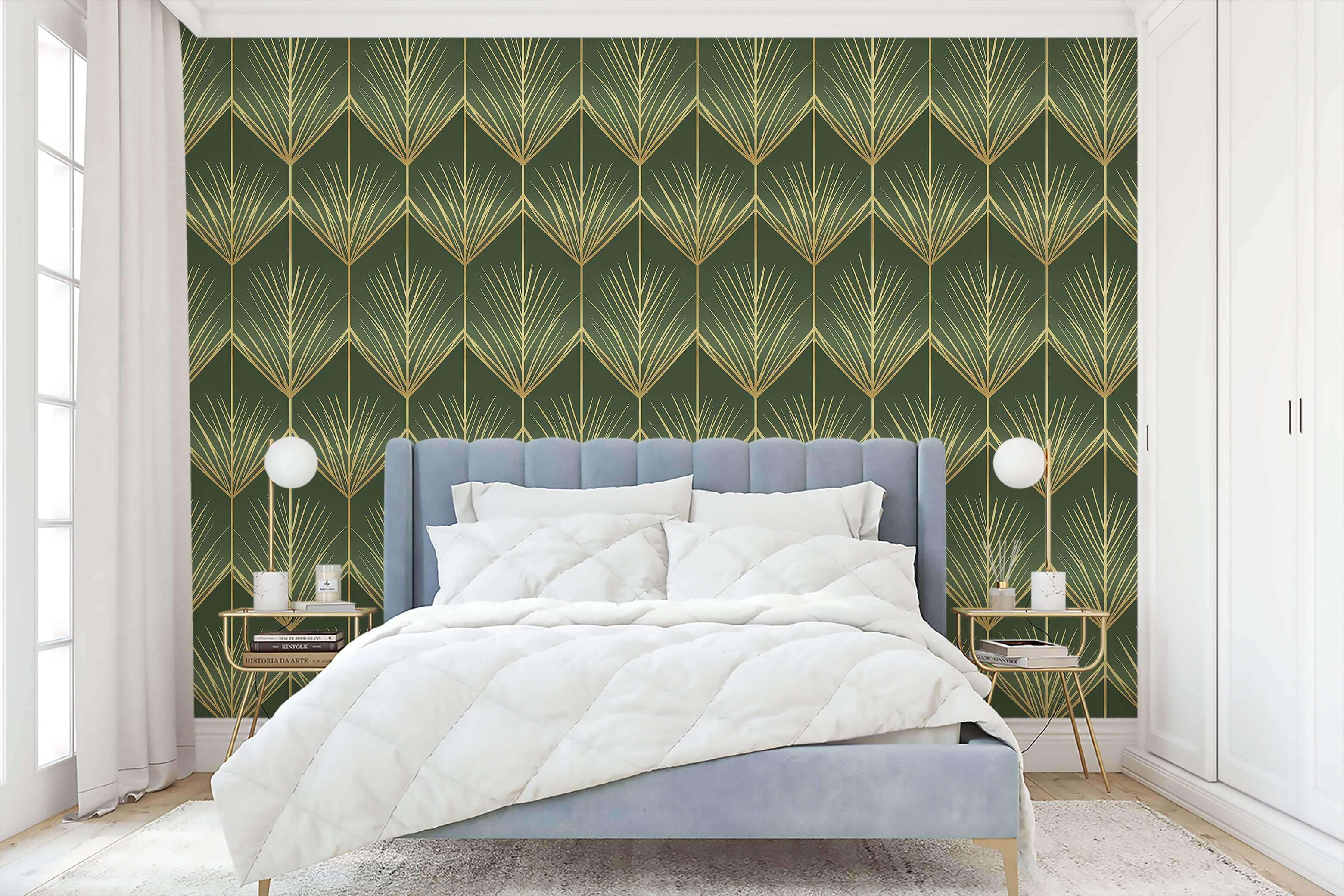 Luxurious bedroom with Golden Fronds Art Deco wallpaper featuring gold palm fronds, showcasing vintage design and tropical elegance.