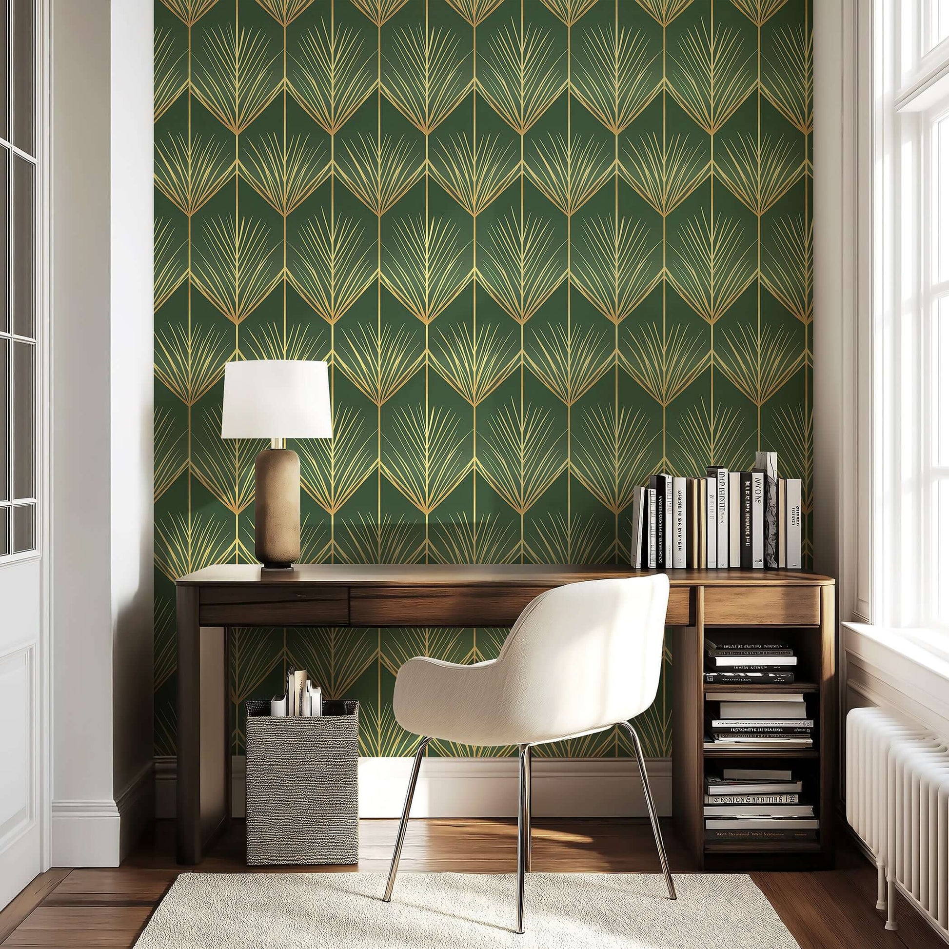Luxurious "Golden Fronds" wallpaper in art deco style, featuring gold palm patterns in a home office setting with vintage design elements.