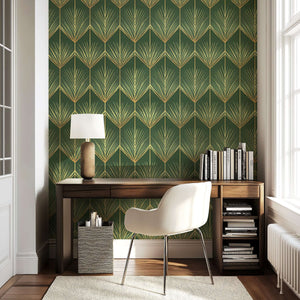 Luxurious "Golden Fronds" wallpaper in art deco style, featuring gold palm patterns in a home office setting with vintage design elements.