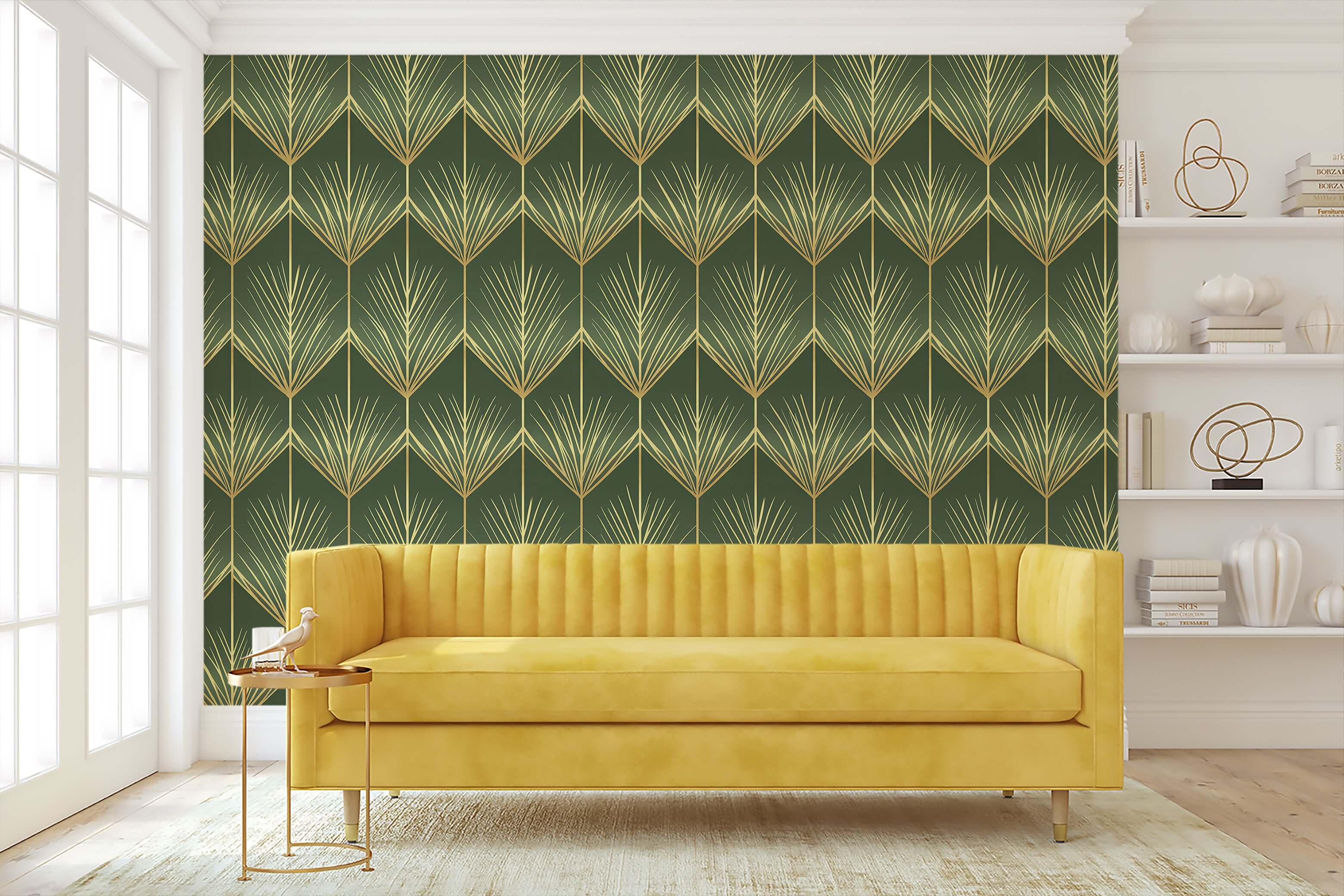 Art Deco wallpaper with golden fronds in geometric pattern, featuring vintage design for luxurious interior decor.