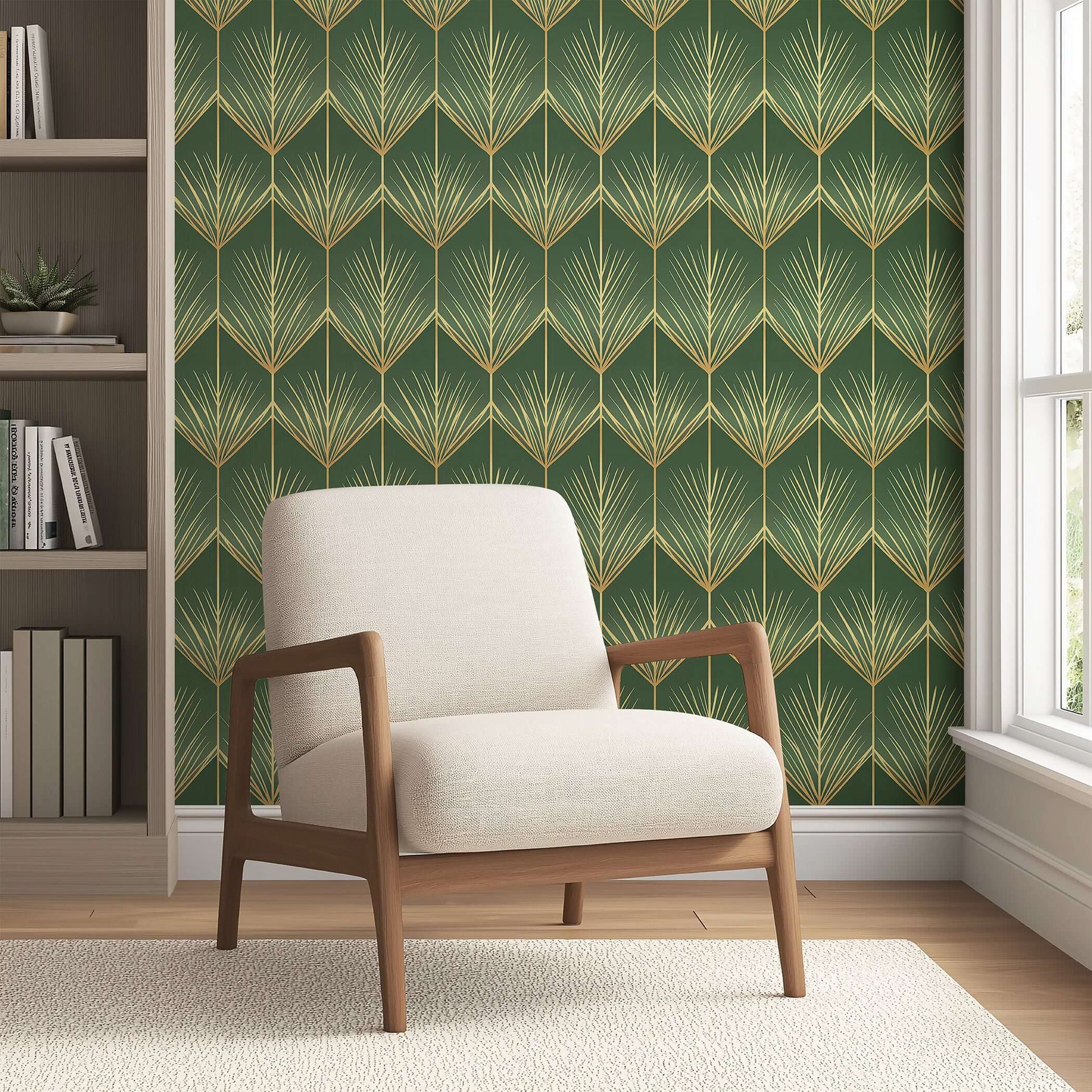 Green and gold Art Deco wallpaper with golden palm fronds, complementing a modern beige armchair in a stylish interior setting.