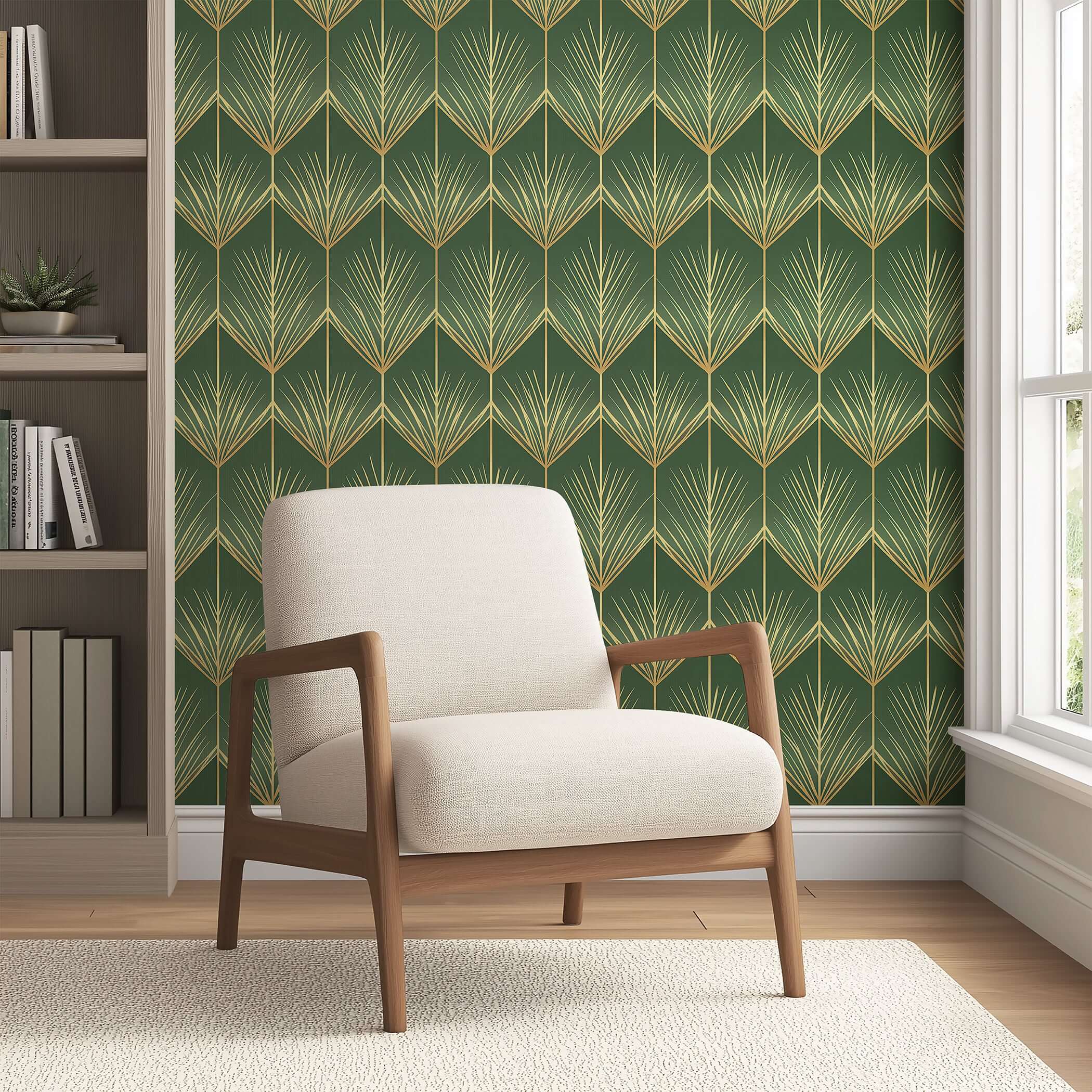 Green and gold Art Deco wallpaper with golden palm fronds, complementing a modern beige armchair in a stylish interior setting.