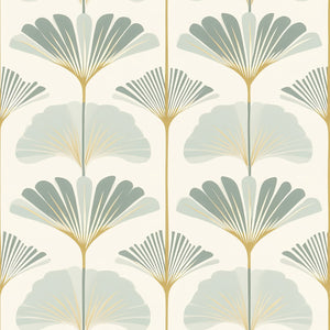 Ginkgo Harmony Wallpaper with modern sage and gold ginkgo leaves on a neutral background, ideal for floral and coastal decor.