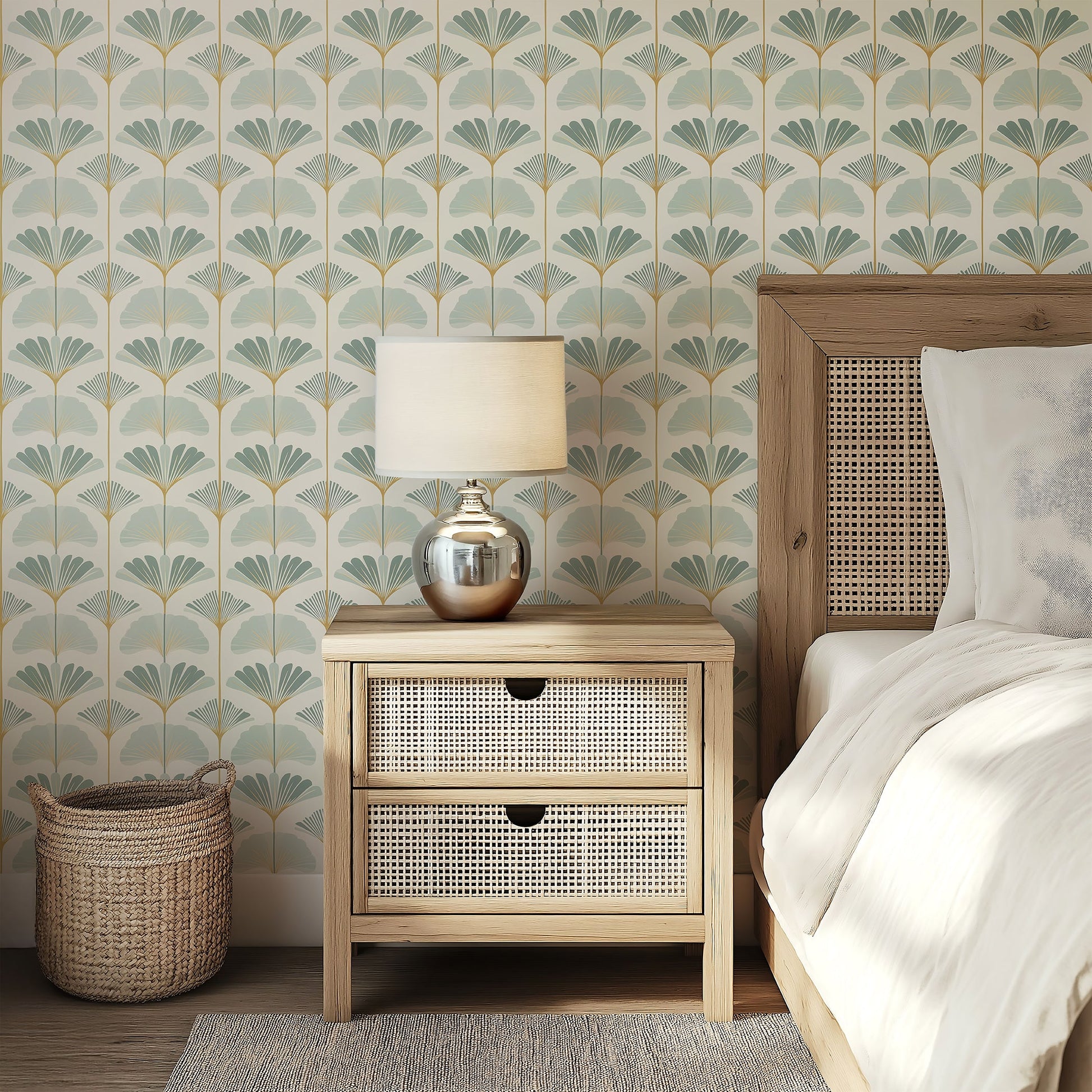 Bedroom with Ginkgo Harmony wallpaper featuring modern floral design in sage and gold, wooden furniture, and a soft lamp.