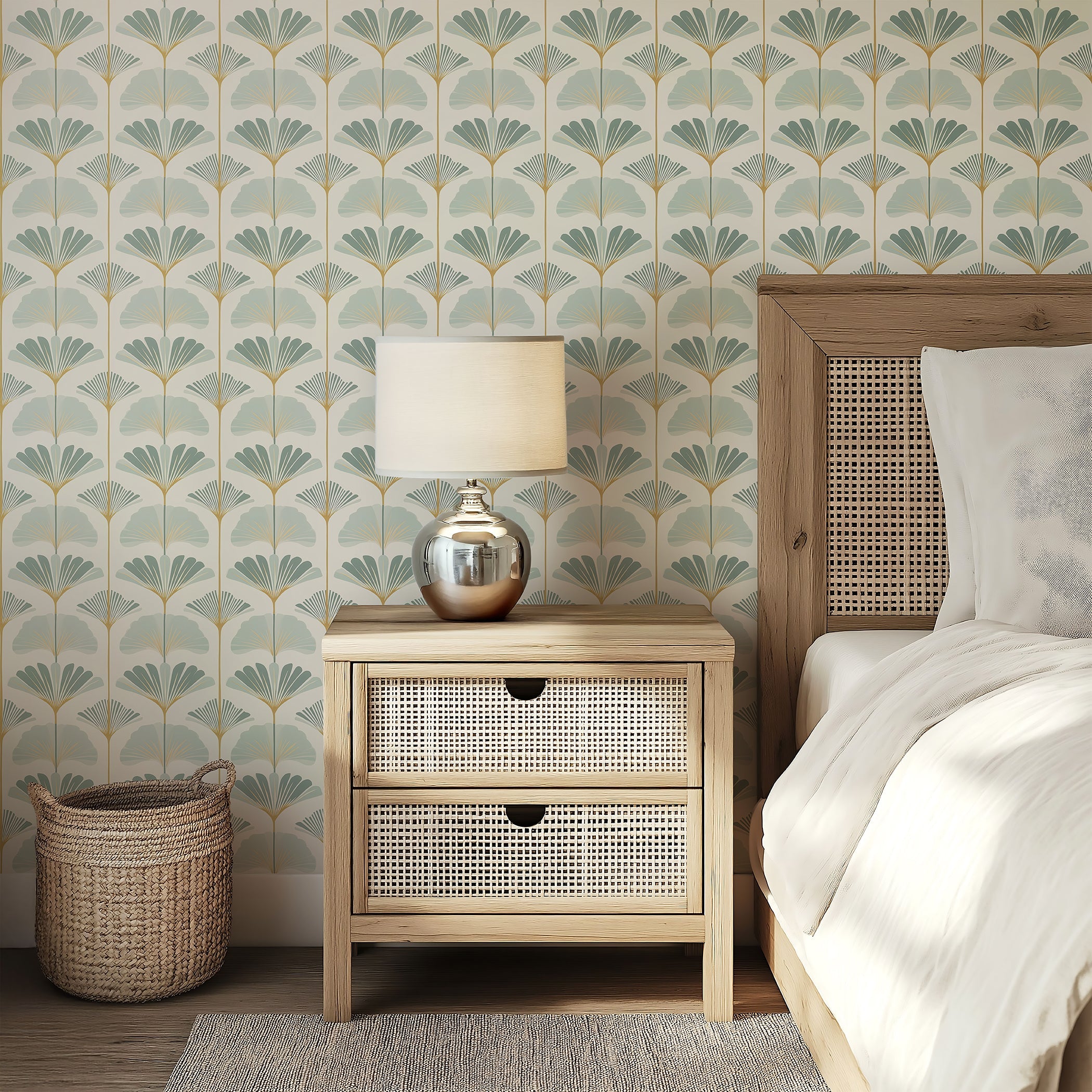 Bedroom with Ginkgo Harmony wallpaper featuring modern floral design in sage and gold, wooden furniture, and a soft lamp.