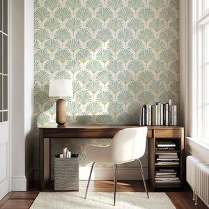 Sophisticated study room with Serene Sage Palm wallpaper, featuring stylized palm fronds and a modern coastal design aesthetic.