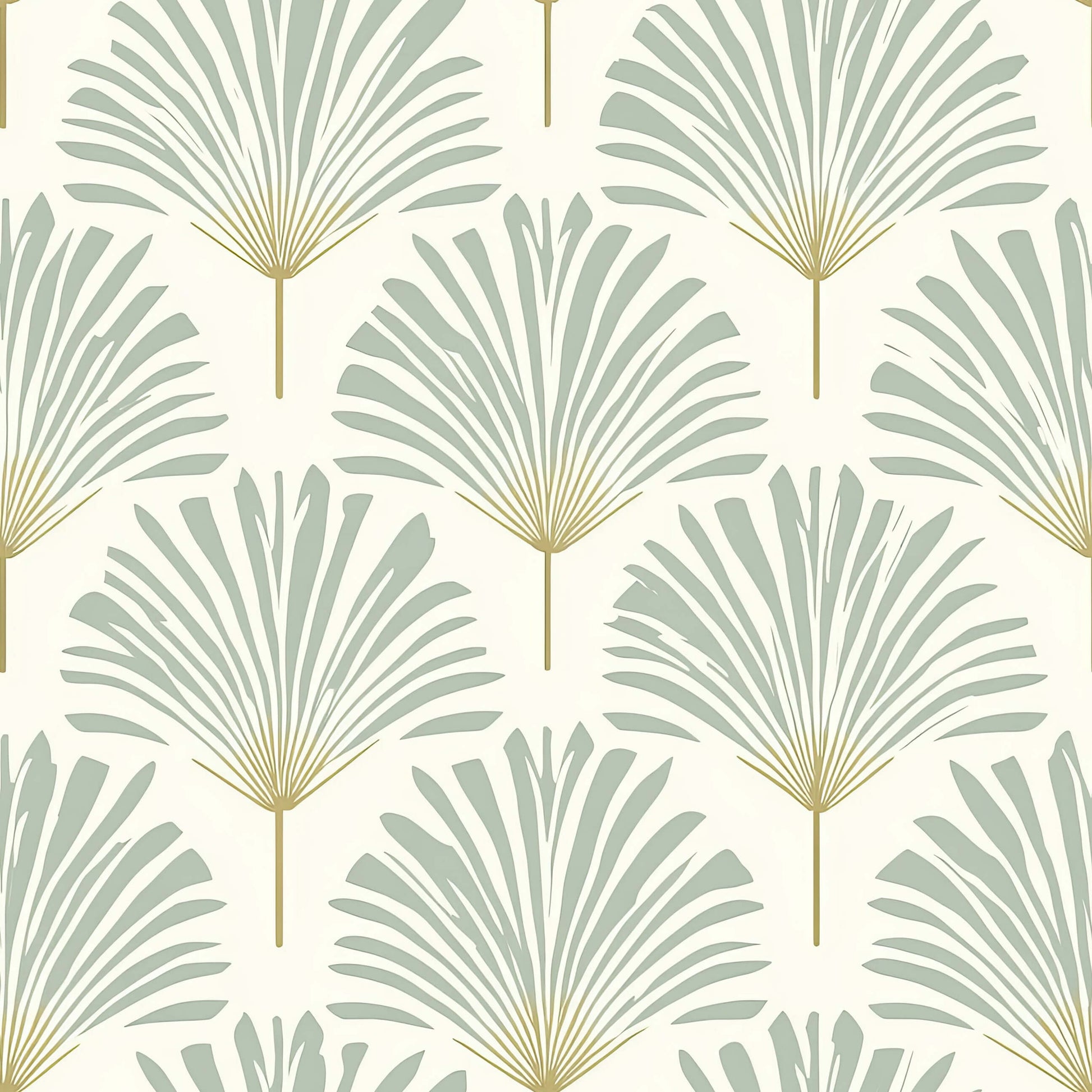 Serene Sage Palm Wallpaper with muted sage palm fronds and golden stems, ideal for modern coastal design in tranquil interiors.